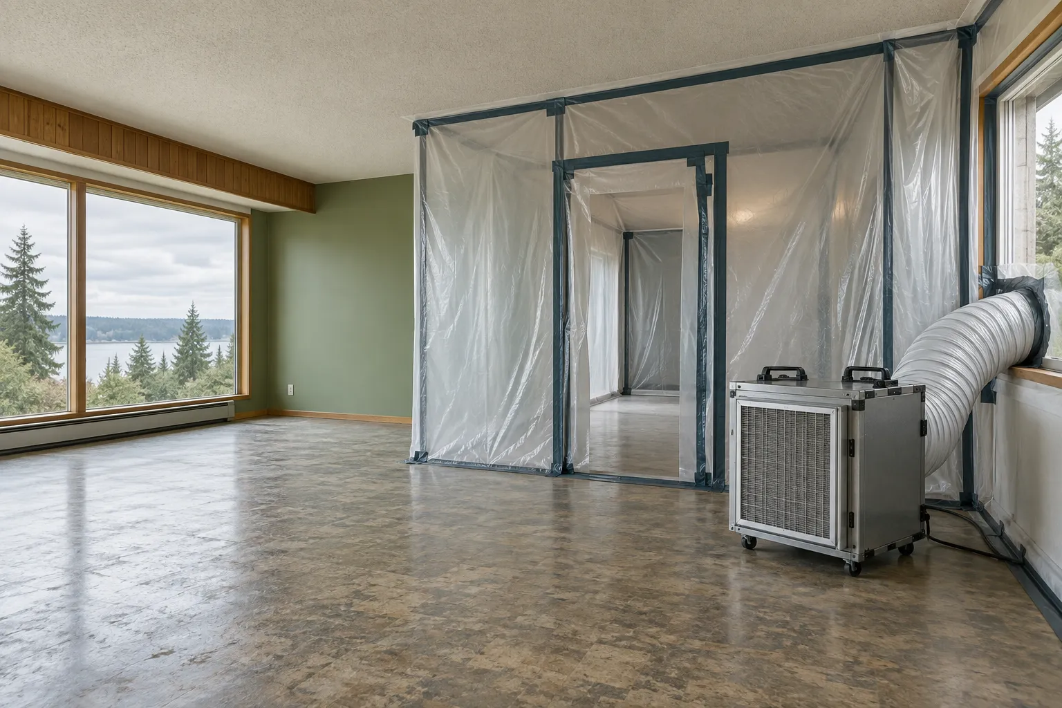 Empty room with a sealed containment partition and portable air-filtration equipment