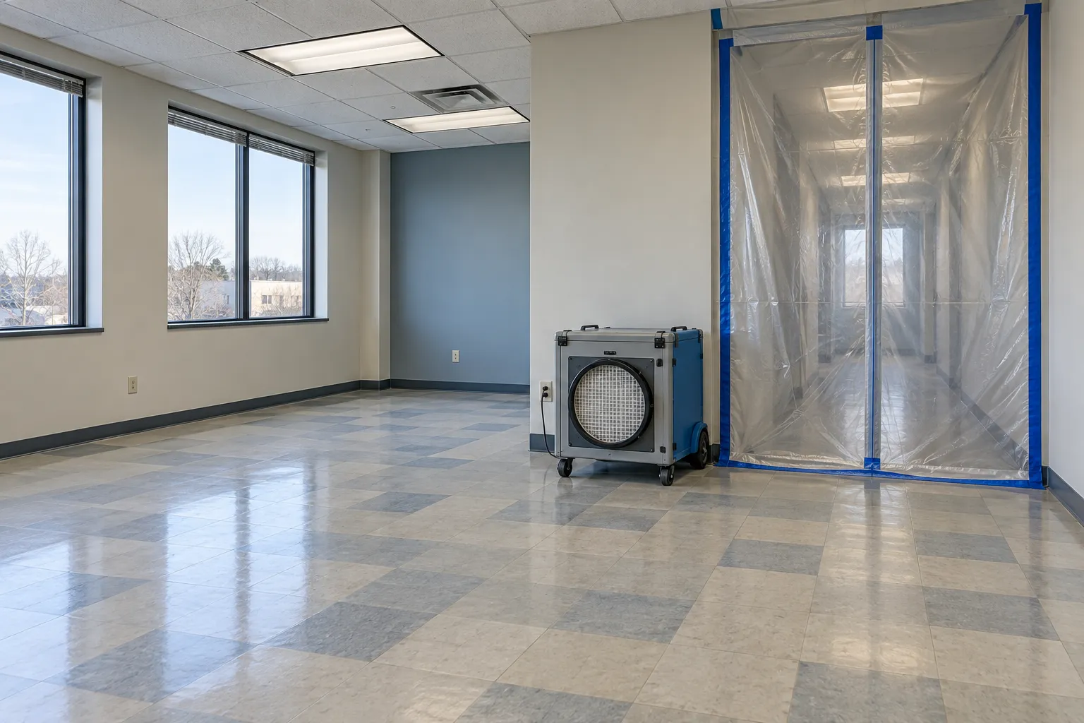 Empty commercial room with floor tiles and a containment partition