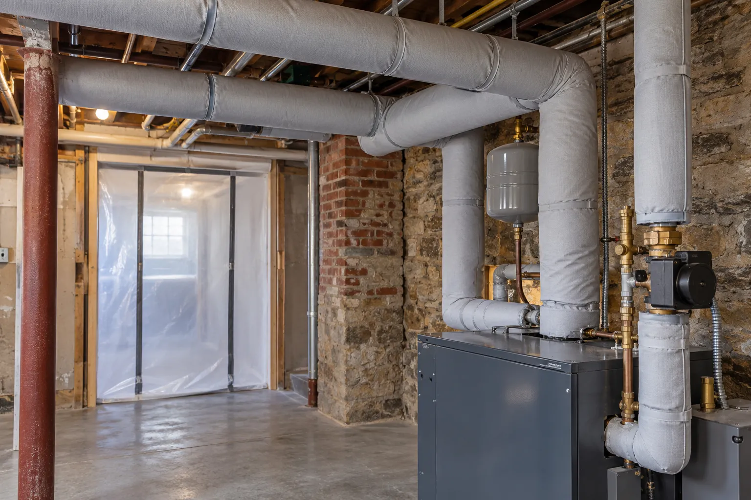 Insulated heating pipes in a basement mechanical area